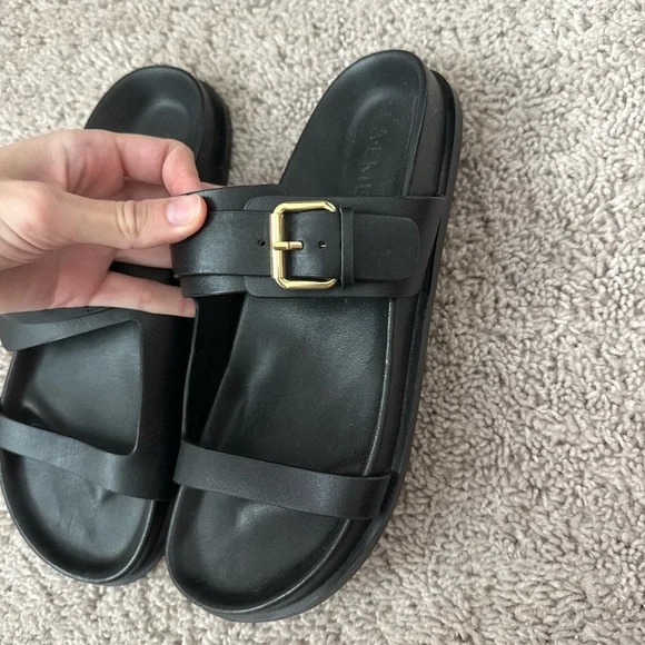 A Emery Prince Sandal Black Slide Sandals with Gold Buckle - Picture 4 of 6